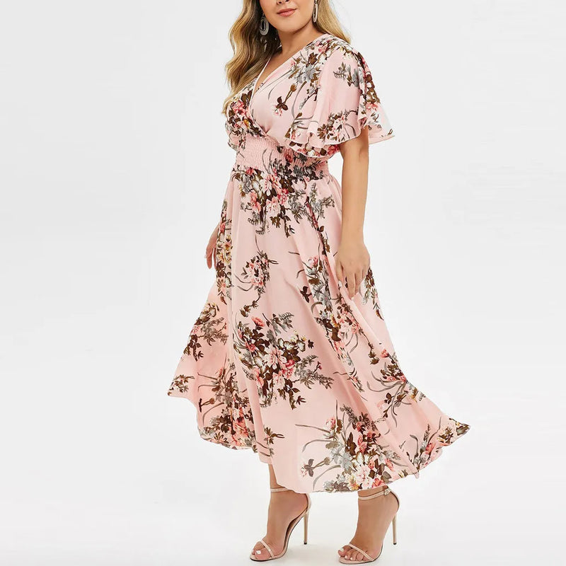 Floral Chiffon Plus Size Dress-Pink-L-State of Style