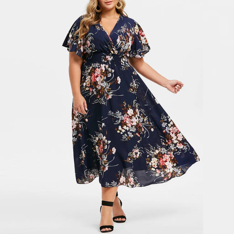 Floral Chiffon Plus Size Dress-Pink-L-State of Style