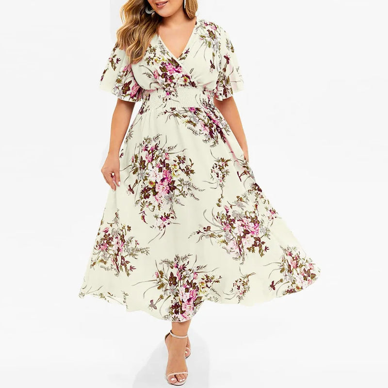Floral Chiffon Plus Size Dress-Yellow-L-State of Style