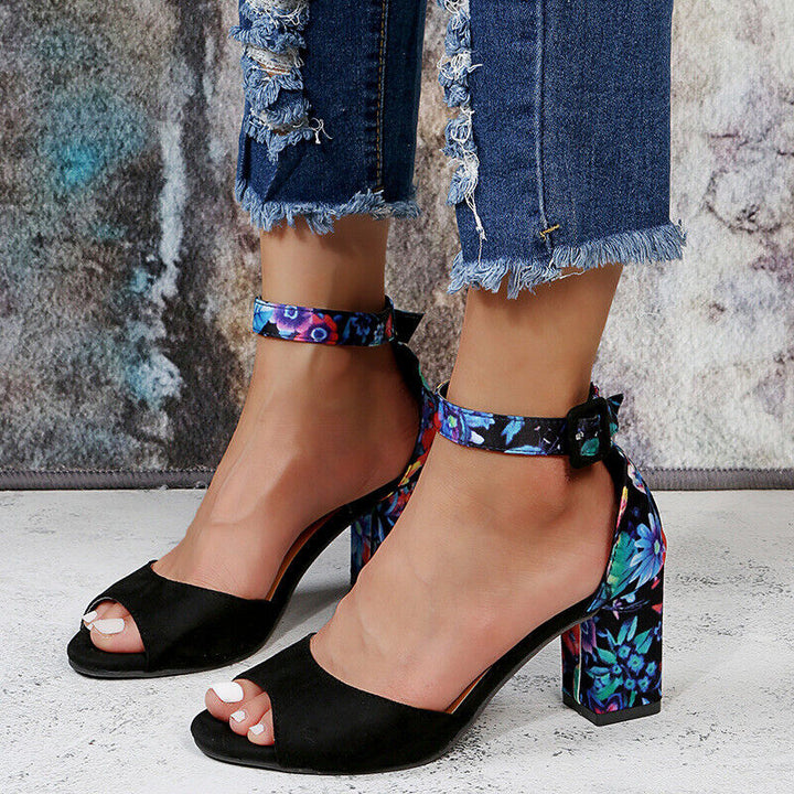 Floral High Heels with Ankle Straps - Marcella-Black-3-State of Style