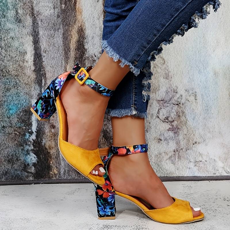 Floral High Heels with Ankle Straps - Marcella-Black-3-State of Style