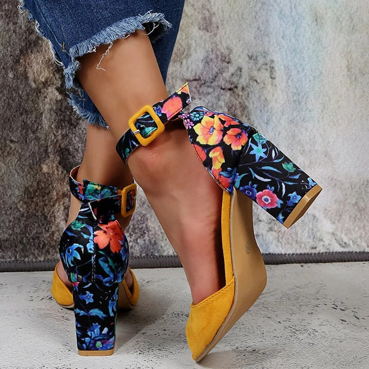 Floral High Heels with Ankle Straps - Marcella-Black-3-State of Style