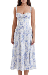 Floral Maxi Dress with Waist Detail - Fleur-Blue Print-S-State of Style