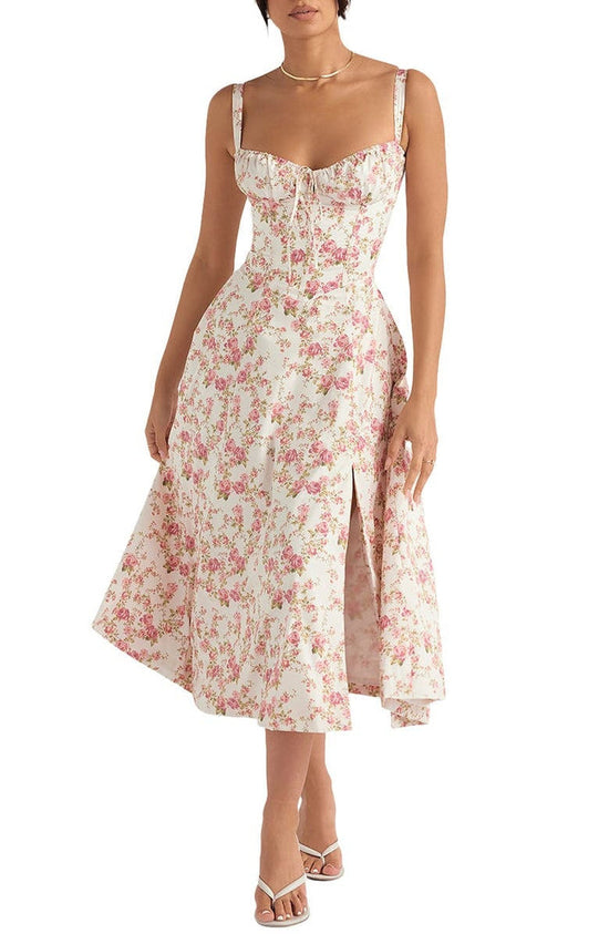 Floral Maxi Dress with Waist Detail - Fleur-Rose Blossom-S-State of Style