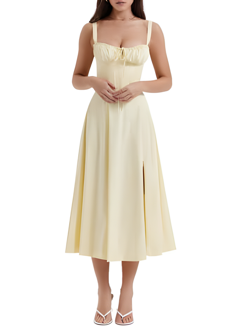 Floral Maxi Dress with Waist Detail - Fleur-Yellow-S-State of Style