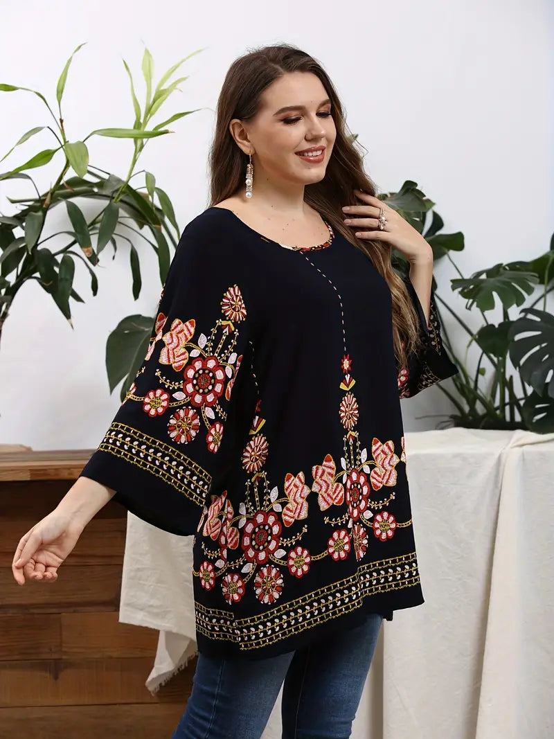 Floral Print Oversized Tunic Top-Black-L-State of Style