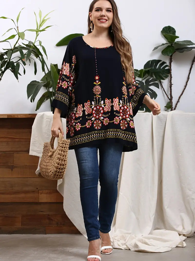 Floral Print Oversized Tunic Top-Black-L-State of Style