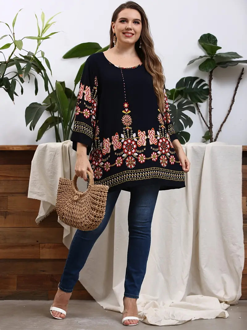 Floral Print Oversized Tunic Top-Black-L-State of Style