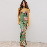 Floral summer maxi dress with V-neck and spaghetti straps - Alina-Green-S-State of Style