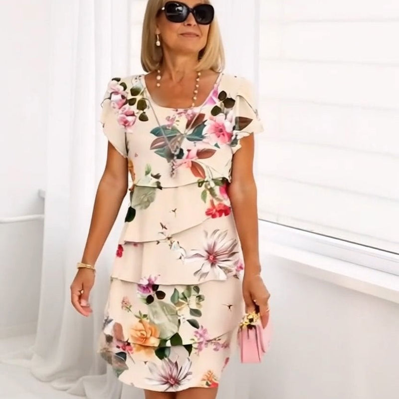 Floral waterfall summer dress with adjustable straps – Leona-Beige-S-State of Style