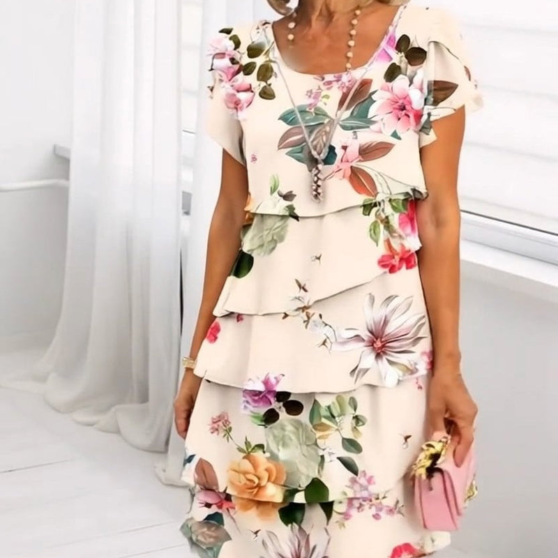 Floral waterfall summer dress with adjustable straps – Leona-Beige-S-State of Style