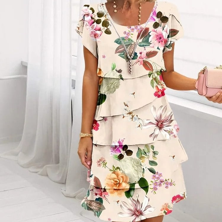 Floral waterfall summer dress with adjustable straps – Leona-Beige-S-State of Style