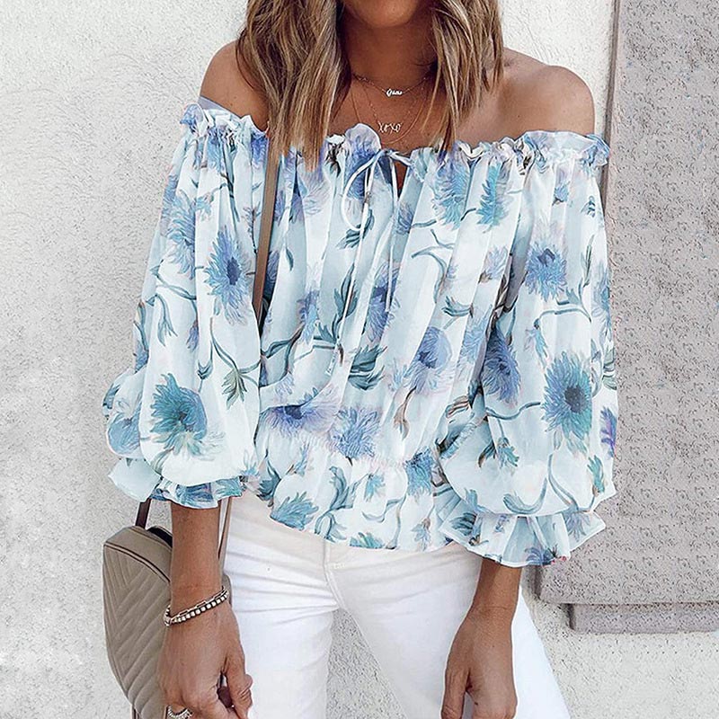 Floral Women's Chiffon Blouse with Ruffled Sleeves - Elvira-Blue-S-State of Style