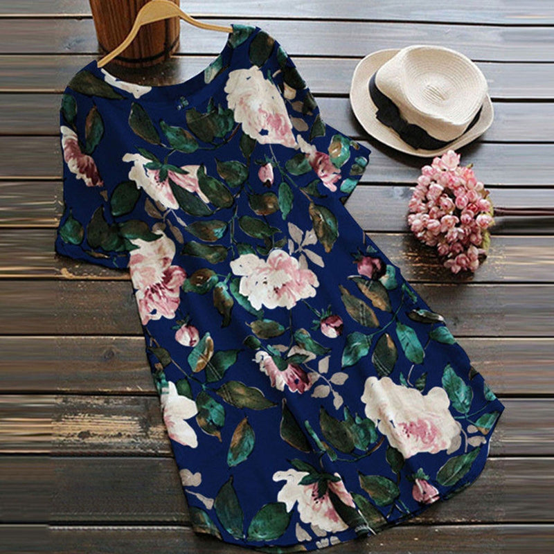 Flowered summer casual dress with short sleeves for women – Malina-Blue-S-State of Style