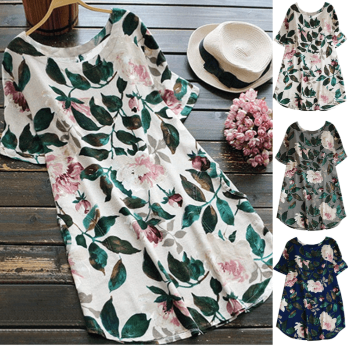 Flowered summer casual dress with short sleeves for women – Malina-White-S-State of Style