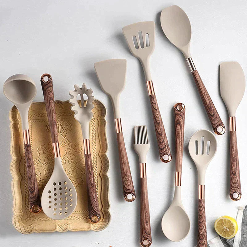 Food-safe Silicone Kitchen Utensils with Wooden Handle - KitchenElegance-State of Style