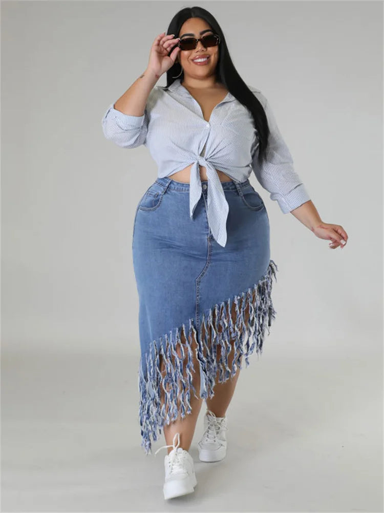 Fringed Plus Size Denim Skirt – Flattering & Stylish-Black-XL-State of Style