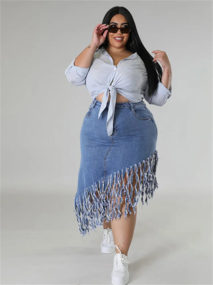 Fringed Plus Size Denim Skirt – Flattering & Stylish-Black-XL-State of Style