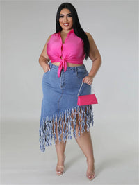 Fringed Plus Size Denim Skirt – Flattering & Stylish-Black-XL-State of Style