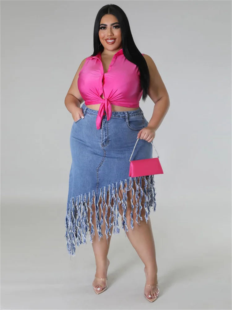 Fringed Plus Size Denim Skirt – Flattering & Stylish-Black-XL-State of Style
