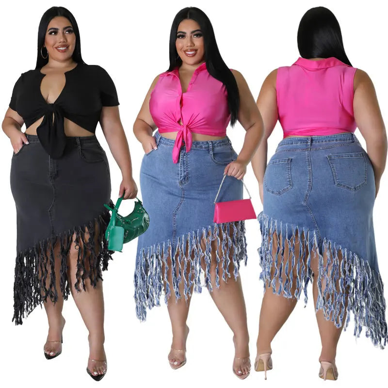 Fringed Plus Size Denim Skirt – Flattering & Stylish-Black-XL-State of Style