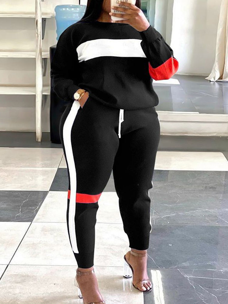 GeoBlock Sweatshirt & Striped Joggers Set – Plus Size Comfort-Grey-2XL-State of Style