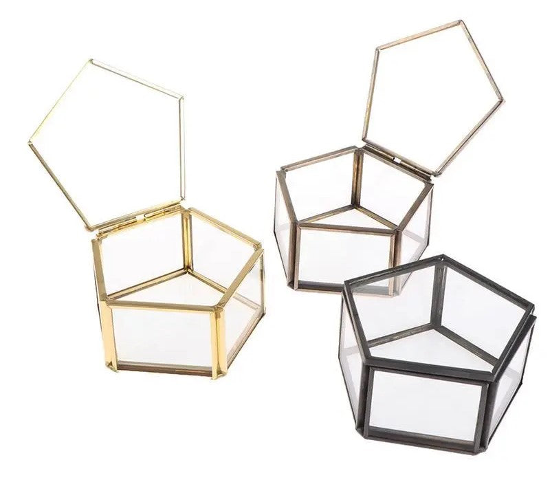 Geometric Clear Glass Jewellery Box | Modern Storage Solution-HEXAGON-GOLD-State of Style
