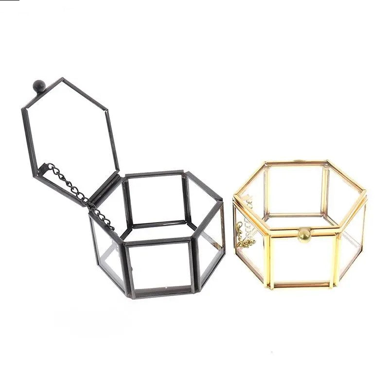 Geometric Clear Glass Jewellery Box | Modern Storage Solution-HEXAGON-GOLD-State of Style