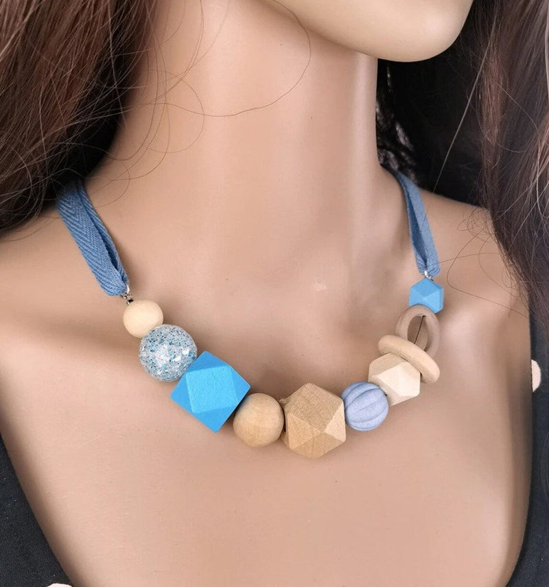 Geometric Pearl Wood Necklace | Modern Design-BLUE-State of Style