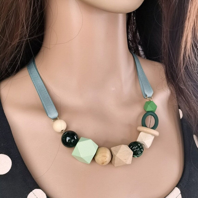 Geometric Pearl Wood Necklace | Modern Design-GREEN-State of Style