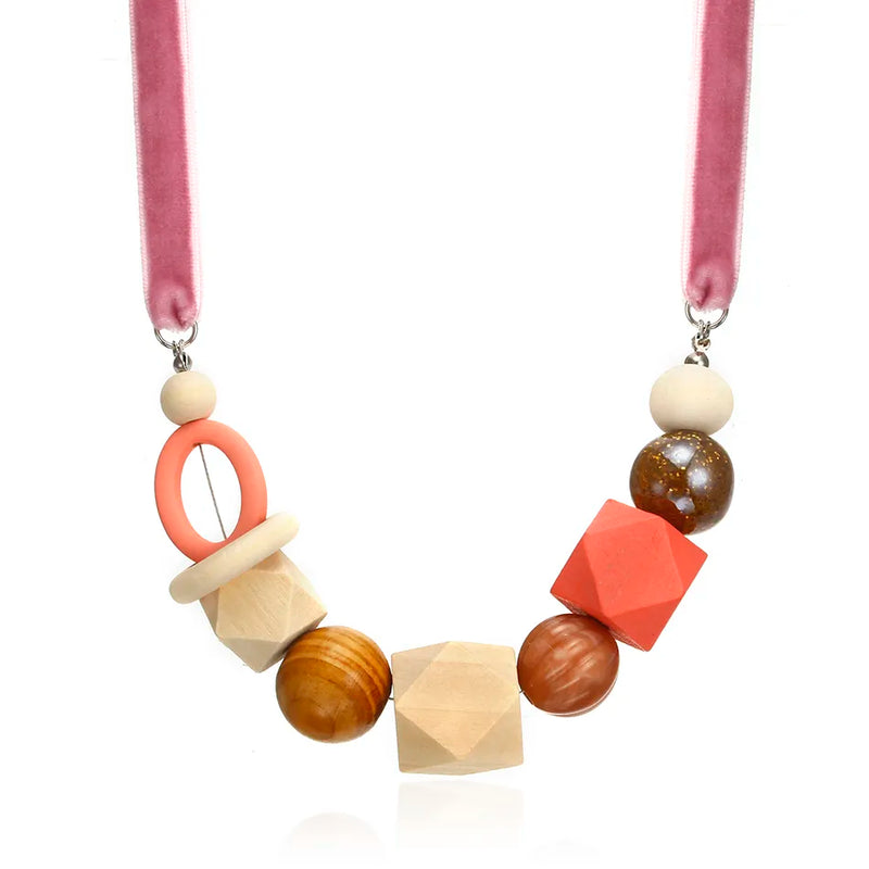 Geometric Pearl Wood Necklace | Modern Design-PINK-State of Style
