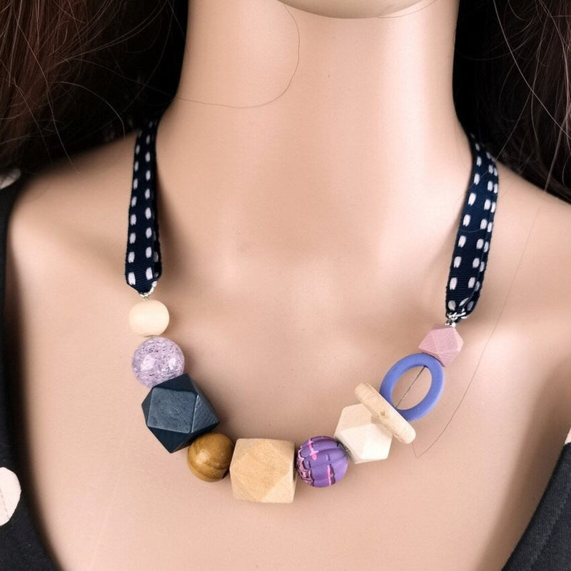 Geometric Pearl Wood Necklace | Modern Design-PURPLE-State of Style