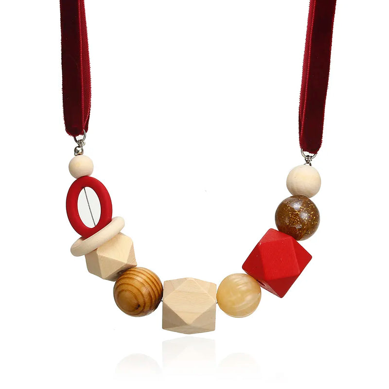 Geometric Pearl Wood Necklace | Modern Design-RED-State of Style