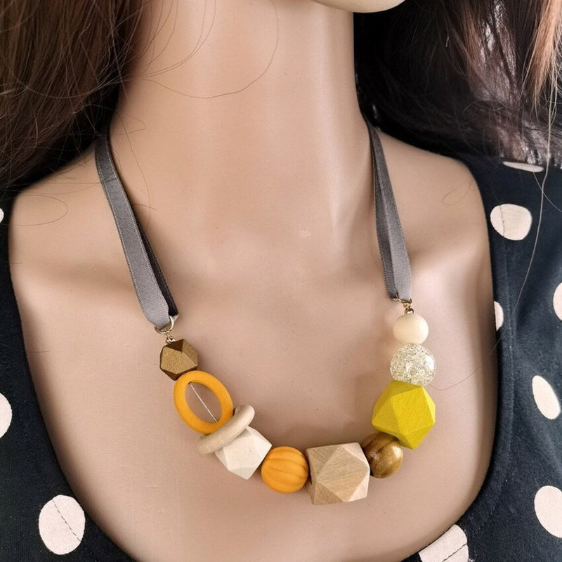 Geometric Pearl Wood Necklace | Modern Design-YELLOW-State of Style