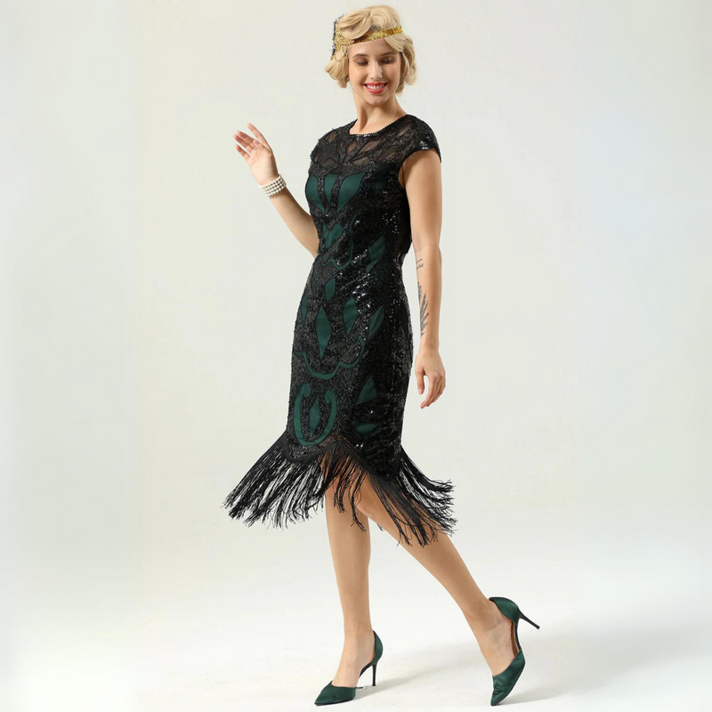 Glamorous 1920s Sequin Dress with Fringe | Party Ready-Black & Green-S-State of Style