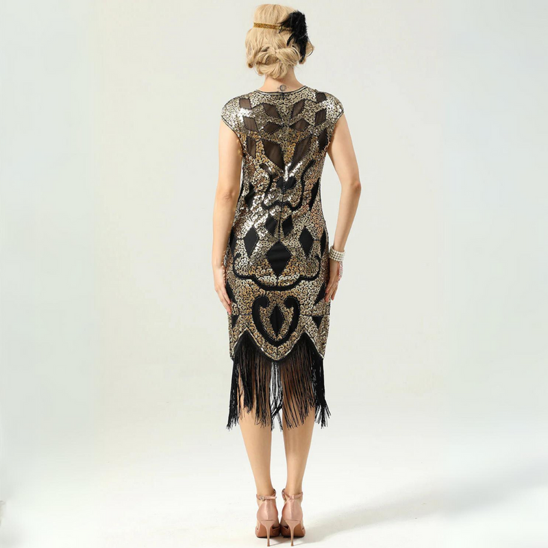 Glamorous 1920s Sequin Dress with Fringe | Party Ready-Black & Green-S-State of Style