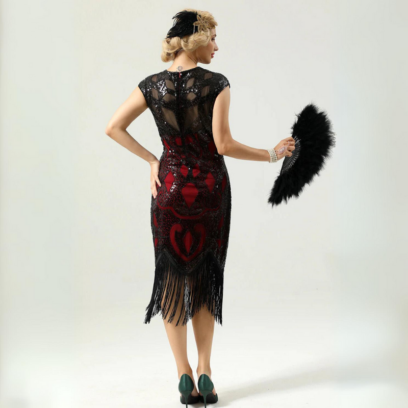 Glamorous 1920s Sequin Dress with Fringe | Party Ready-Black & Green-S-State of Style