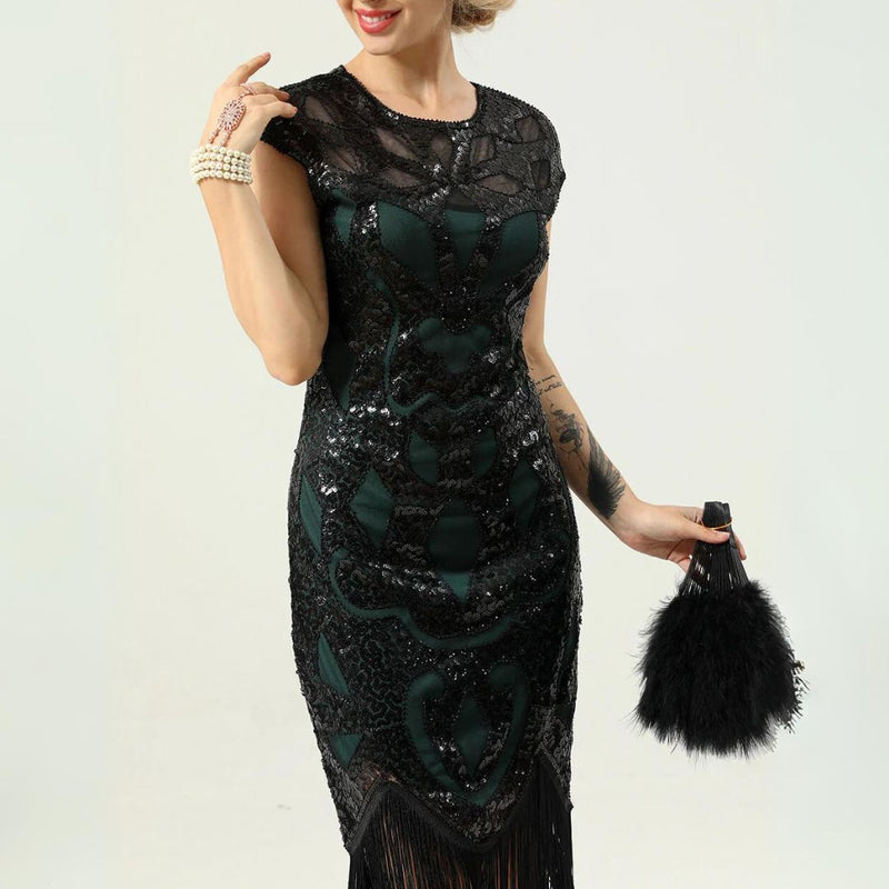 Glamorous 1920s Sequin Dress with Fringe | Party Ready-Black & Green-S-State of Style