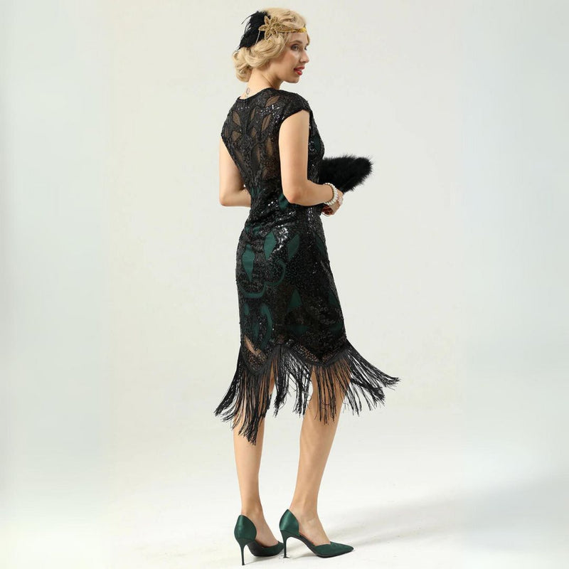 Glamorous 1920s Sequin Dress with Fringe | Party Ready-Black & Green-S-State of Style
