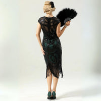 Glamorous 1920s Sequin Dress with Fringe | Party Ready-Black & Green-S-State of Style