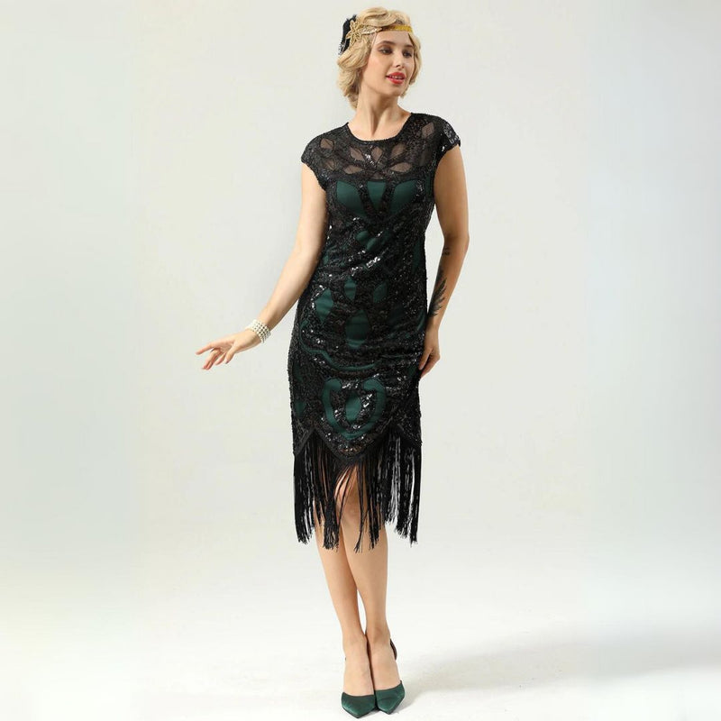 Glamorous 1920s Sequin Dress with Fringe | Party Ready-Black & Green-S-State of Style