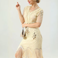 Glamorous Pearl Embellished Dress | 1920s Style | Elegant Sleeves-Apricot-S-State of Style