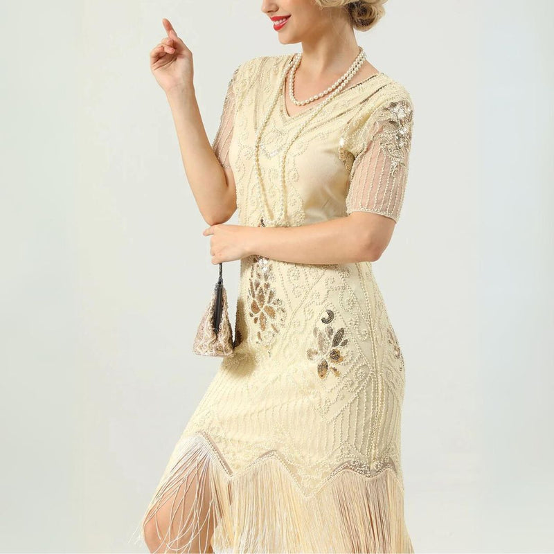 Glamorous Pearl Embellished Dress | 1920s Style | Elegant Sleeves-Apricot-S-State of Style