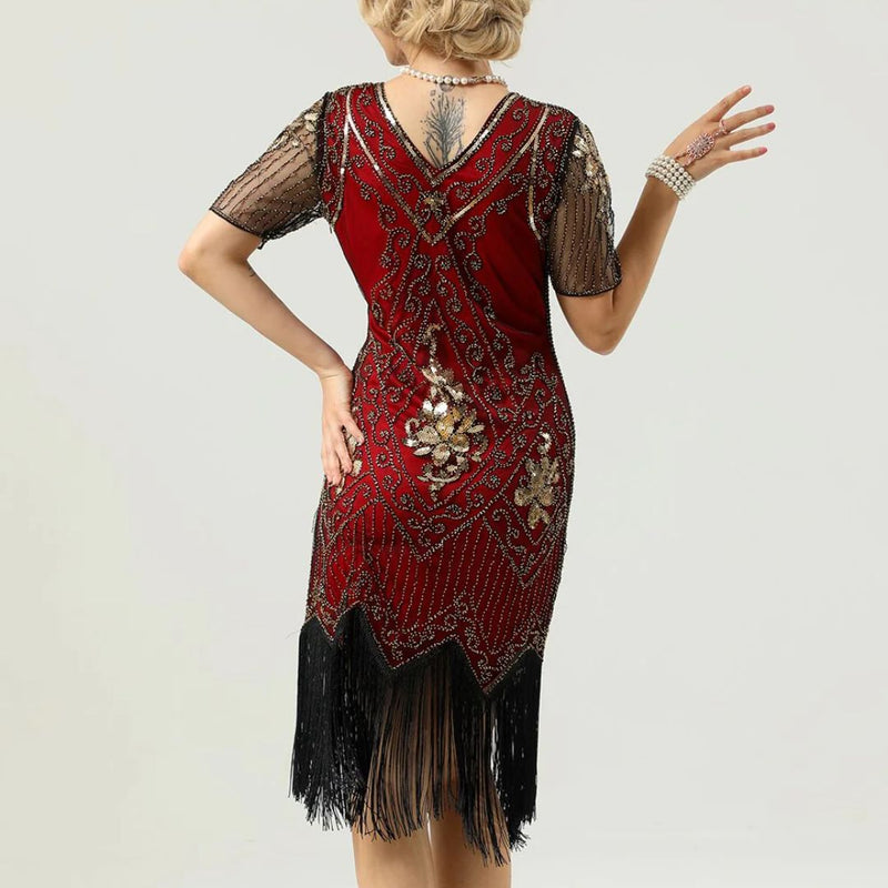 Glamorous Pearl Embellished Dress | 1920s Style | Elegant Sleeves-Apricot-S-State of Style