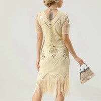 Glamorous Pearl Embellished Dress | 1920s Style | Elegant Sleeves-Apricot-S-State of Style