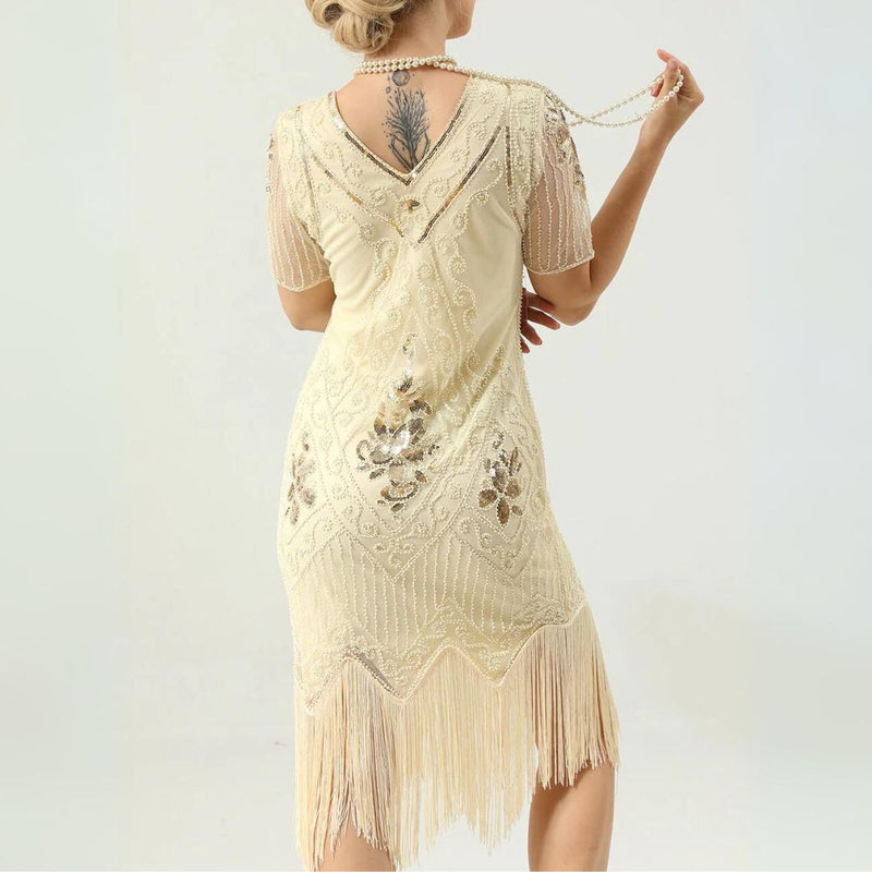 Glamorous Pearl Embellished Dress | 1920s Style | Elegant Sleeves-Apricot-S-State of Style
