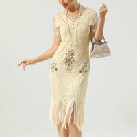 Glamorous Pearl Embellished Dress | 1920s Style | Elegant Sleeves-Apricot-S-State of Style