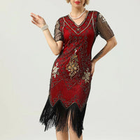 Glamorous Pearl Embellished Dress | 1920s Style | Elegant Sleeves-Red-S-State of Style