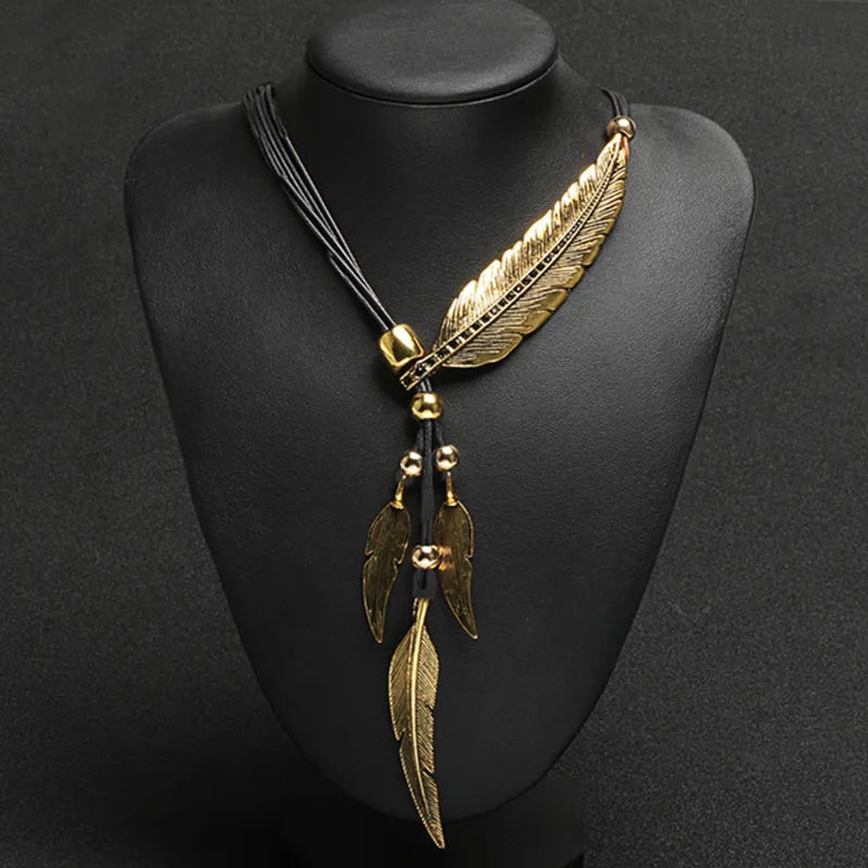 Gold Feather Necklace | Boho Style Jewellery-GOLD BLACK-State of Style