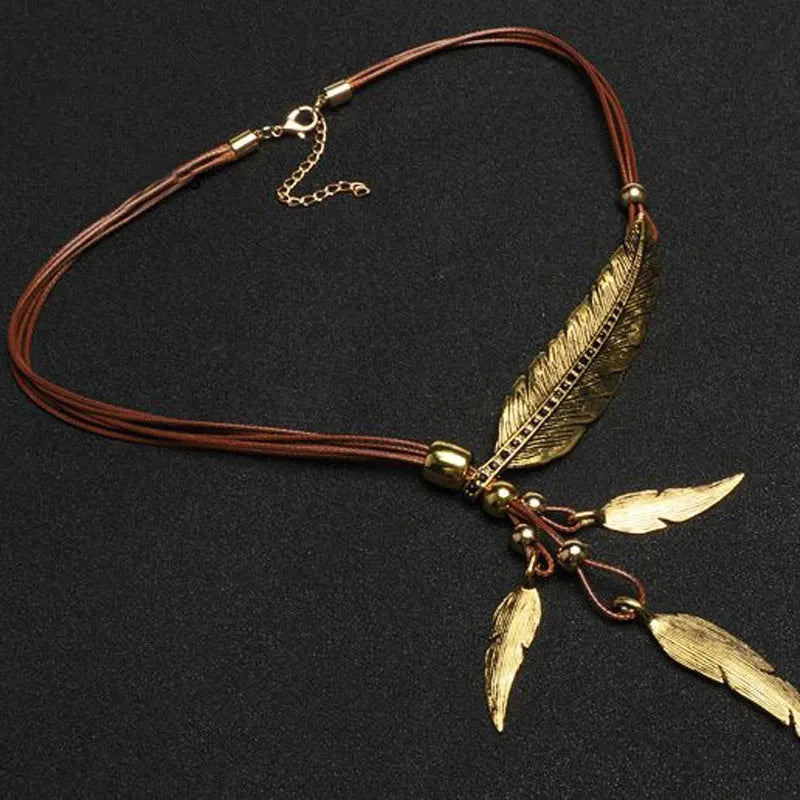Gold Feather Necklace | Boho Style Jewellery-GOLD-BROWN-State of Style